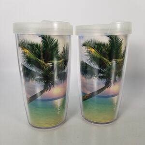 x2 Tervis Tumblers Palm Tree Wrap w/ Lids & Straw Caps Sunset Beach Tropical